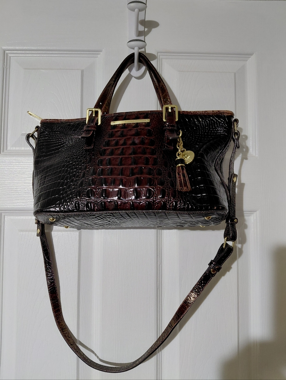 Brahmin Melbourne Dark Pecan Mini Asher Satchel  Purse/cross Body Snake pattern